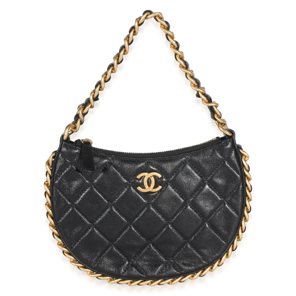 Chanel Black Shiny Quilted Lambskin Mini CC Chain Around Hobo